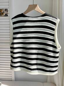 Comfortcana 女式条纹印花V领纽扣休闲毛衣背心 - 黑與白 - 查看 2