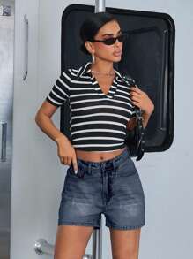 EURMUSE WOMEN HIGH WAIST MINI SHORT LIGHT BLUE WASH CASUAL STREET WEAR - Dark Wash - View 3