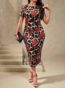 Chikora Plus Size Summer Elegant Leopard Print Rose Flower Pattern Valentine's Day Dress - Multicolor - View 3