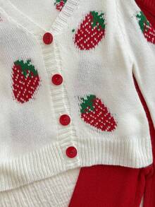 SHEIN Baby Girl Casual Everyday Cute Christmas Party Strawberry Pattern Drop Shoulder Loose Cardigan And Flare Knit Pants Set, Autumn/Winter - White - View 8
