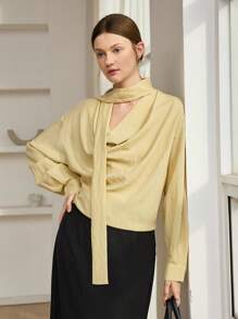 Dazy-Less Blusa de Trabalho Casual Solta Amarelo Creme para Escritório, Gola Flare Oca com Amarração, Manga Longa, Adequada para Primavera, Verão e Outono - Amarelo - Visão 7
