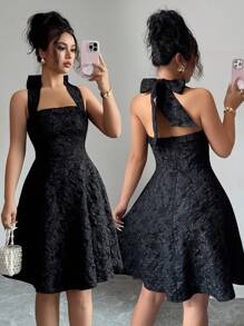 Elenzga 优雅法式镂空束腰蝴蝶结装饰短款连衣裙