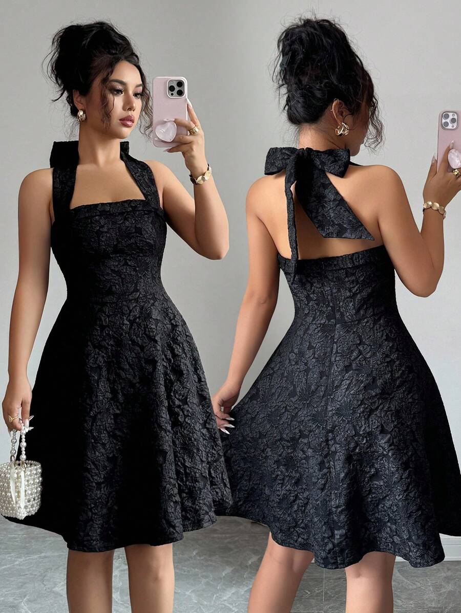 Elenzga 优雅法式镂空束腰蝴蝶结装饰短款连衣裙