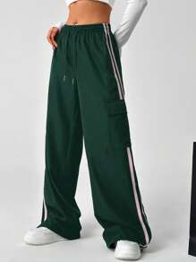 SHEIN EZwear Women's Casual Olive Green Drawstring Waist Striped Side Pocket Pants - Dark Green - View 5