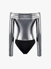 Avenne Body de manga larga con cuello alto estilo Y2K plateado brillante para mujer, elegante y sexy, para otoño/invierno