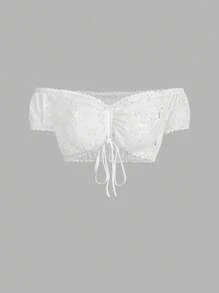 SHEIN Frenchy 女士优雅纯色蕾丝露肩抽绳超短上衣（女士）女士蕾丝花边短袖上衣、女士纯色简约日常镂空蕾丝花边短袖衬衫、慕尼黑啤酒节连衣裙、慕尼黑啤酒节服装、啤酒节服装、白色上衣、啤酒节服装、蕾丝短款上衣、白色短款上衣、女士夏季短款上衣、挤奶女工上衣、露肩上衣、系带上衣 - 白色 - 查看 1
