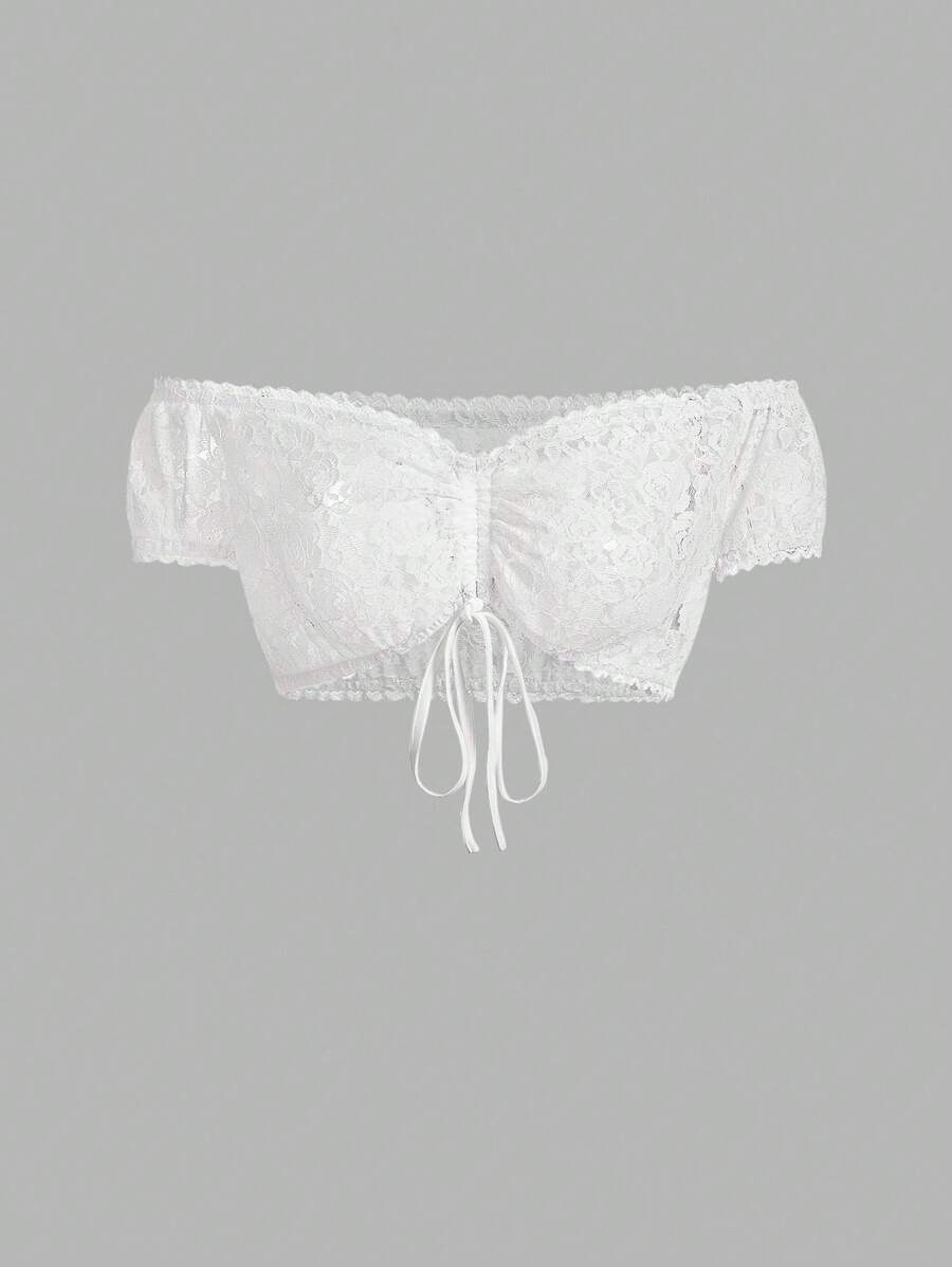 SHEIN Frenchy 女士优雅纯色蕾丝露肩抽绳超短上衣（女士）女士蕾丝花边短袖上衣、女士纯色简约日常镂空蕾丝花边短袖衬衫、慕尼黑啤酒节连衣裙、慕尼黑啤酒节服装、啤酒节服装、白色上衣、啤酒节服装、蕾丝短款上衣、白色短款上衣、女士夏季短款上衣、挤奶女工上衣、露肩上衣、系带上衣 - 白色 - 查看 1