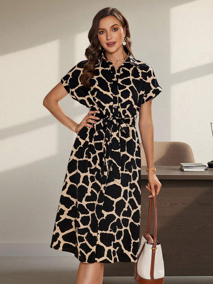 SHEIN Clasi Allover Print Belted Shirt Dress