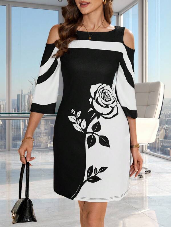 SHEIN Clasi Rochie de damă elegantă, cu umăr deschis, cu gât barcă, culori contrastante alb-negru și imprimeu cu trandafiri
