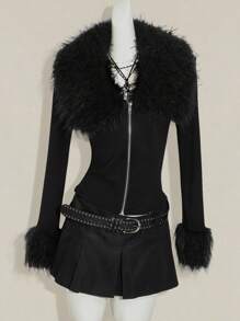 SHEIN ICON Y2k 秋季西部风外出黑色拉链垃圾摇滚音乐会哥特纯色人造毛皮拉链拼布修身长袖夹克 - 黑色 - 查看 9