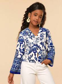 SHEIN Tween Girls' Floral Pattern Long Sleeve Casual Vacation Blouse - Blue and White - View 1