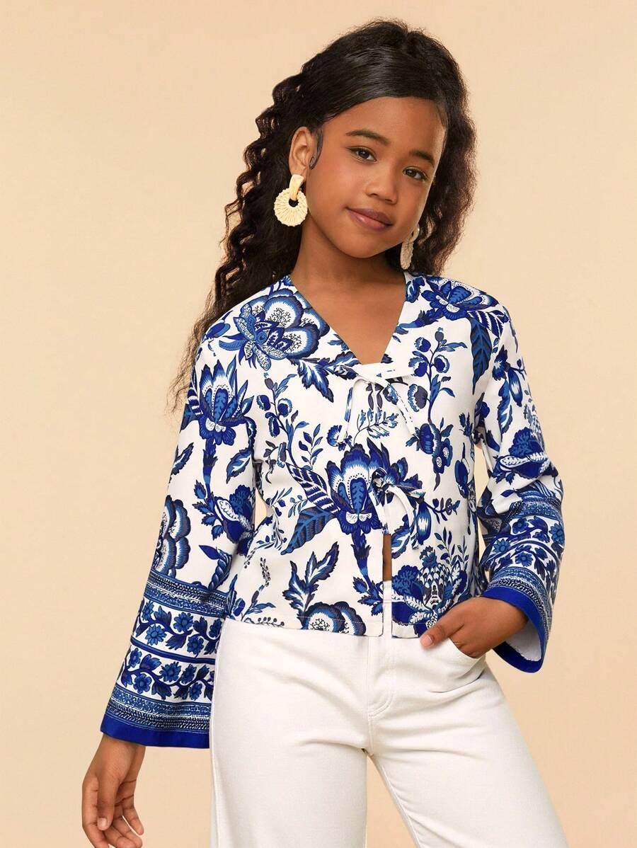 SHEIN Tween Girls' Floral Pattern Long Sleeve Casual Vacation Blouse - Blue and White - View 1