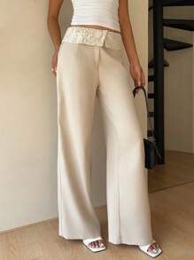 Siren Gaze 女式全新蕾丝拼布高腰裤 - 杏色 - 查看 6