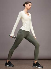 Activina 寬腰帶手機口袋嵌入網紗頂針運動打底褲 - 軍綠色 - 查看 3