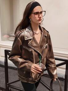 Chiquease 女式复古做旧棕色 PU 皮革机车夹克，拉链开合，翻领，时尚休闲别致外套 - 棕色 - 查看 3