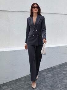 CLARA VERO 女士简约通勤工作服纯色翻领双排扣西装外套和裤子套装 - 黑色 - 查看 3