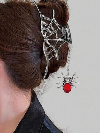 Grunge Punk 1pc Gothic Punk Style Spider Web Hair Clip For Halloween, 1pc Rhinestone Spider Design Hair Clip, Fashionable & Hair Accessories