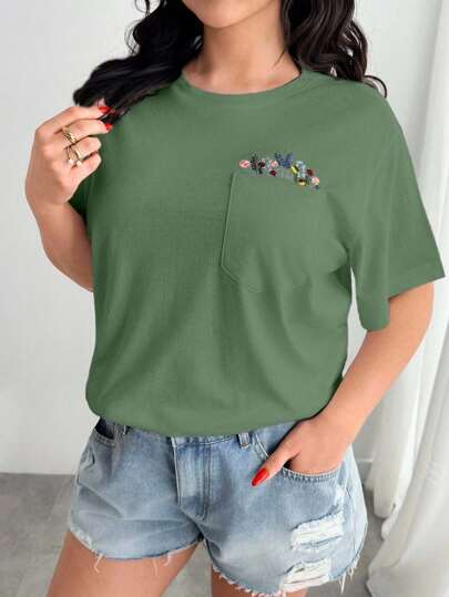 EURMUSE Plus 100%Cotton T-Shirt With Flower Embroidery, Round Collar, Pocket Details