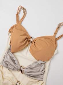 Anewsta Sexy Hollow Out Criss-Cross Strap Orange Bodysuit For Women - Apricot - View 3