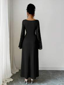 Selianne 新季法式黄色长袖方领女装，修身剪裁设计，优雅精致的提花网眼长袖连衣裙