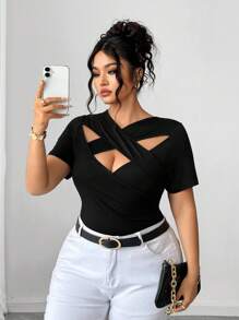 Elenzga Không bao giờ lỗi mốt, Bộ sưu tập Kooky Elegance (Cảm giác Woe Is Me) (Thẩm mỹ Thứ Tư) Áo thun tay ngắn khoét lỗ cổ chữ V gợi cảm cho nữ cỡ lớn - màu đen - Xem 5