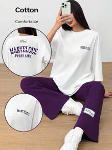 Mulvari 2pcs/Set Women Letter Print Round Neck Tee And Flared Pants, Casual Women's Summer Slogan Print Dropped Shoulder T-Shirt And Casual Pants 2pcs/Set, Casual Outfits Tracksuit 2 Pieces Lounge Set, Suitable For Walking/Sports/Back To School & Everyday Casual Wear Contains Cotton, Quick Sweat Absorption