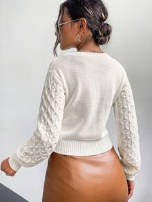 EURMUSE Plus Size Cable Flower Pattern Long Sleeve Single Breasted Casual Cropped Cardigan - White - View 2