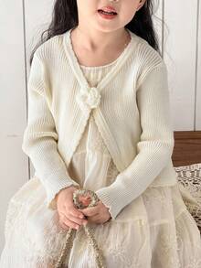 SHEIN Little Byeori 女童休闲3D立体花朵针织开衫，适合秋冬季穿着。 - 白色 - 查看 5