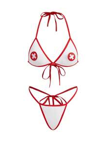 Fantasy Costume 2 件套露背性感镂空文胸和内裤套装，女士卧室服装 - 紅白色 - 查看 5