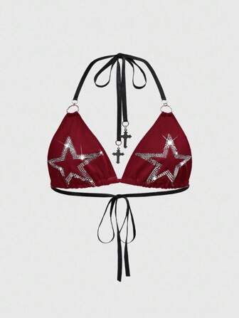 Y2K Musik Festival Grunge Rock Bikini Top mit Strass, hellrosa