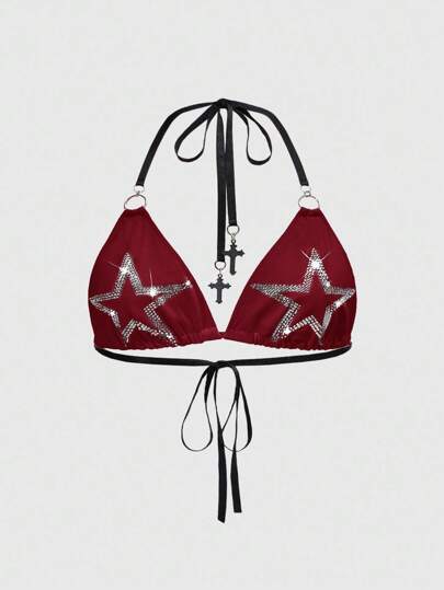 Top bikini con strass in stile Y2K, grunge rock, per festival musicali, colore rosa chiaro