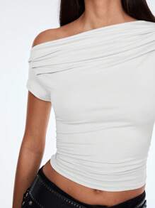 TRNVIE Women's Asymmetrical Shoulder Ruffle Hem Cropped T-Shirt - White - View 5