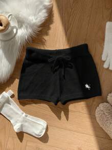 Comfortcana Women's Casual Black Embroidered Logo Skinny Sweater Pants, Versatile For Daily Wear Black Knit Shorts - Black - View 6