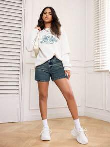 SHEIN PETITE 女式休闲宽松口袋牛仔短裤 - 藍色 - 查看 4