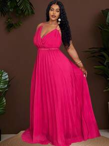 Veslaya 2025 年新款春夏日常/休闲/度假/海滩/旅行紫红色交叉细肩带高低褶皱连衣裙，专为大码女性设计 - 玫紅色 - 查看 1