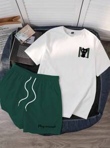 Manfinity Joysei 2 件套休闲时尚年轻男士修身短袖 T 恤和短裤套装，饰有有趣的黑猫和字母图案，非常适合约会、派对、情侣/家庭搭配，是送给男朋友的完美礼物