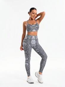 SHEIN Sports 2 件套蛇皮印花吊带背心和高腰塑身紧身裤运动服健身女士套装 - 黑與白 - 查看 5