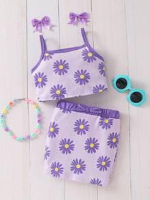 SHEIN 2 pezzi Set di canotta e pantaloncini casual e comodi con motivo floreale arricciato