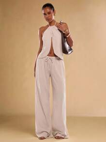 SHEIN BAE 1 件杏色纯亚麻简约弹力抽绳简约口袋宽松阔腿低腰裤，亚麻裤，阔腿裤，休闲裤，老钱风格女性，斯德哥尔摩风格，商务休闲女性，外出，机场女性