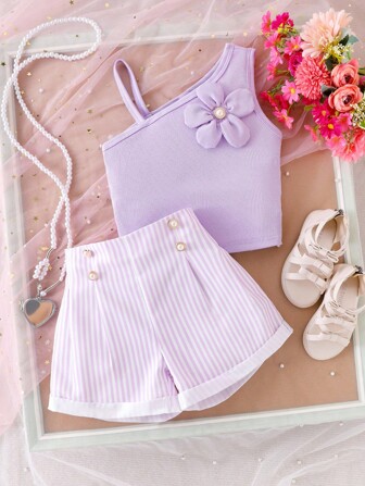 2 pièces/Set Top à fleurs irrégulières violet tricoté côtelé et short violet et blanc côtelé avec boutons perle, tenue décontractée d'été pour filles