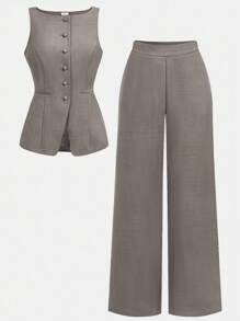 Girlism 青少年女士常规款带口袋涤纶无袖格子套装灰色套装商务套装全套女士商务装