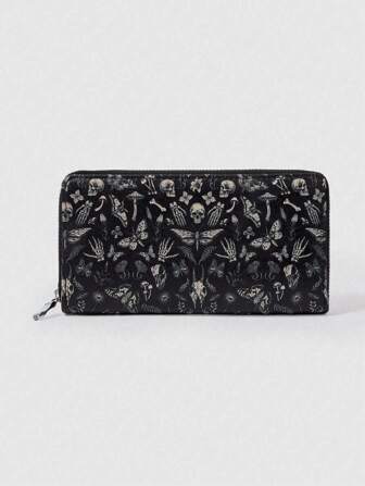 Goth 1pc Women's Simple Butterfly Skull Zipper Wallet, Long Coin Purse