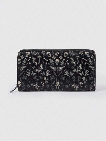 Goth 1pc Women's Simple Butterfly Skull Zipper Wallet, Long Coin Purse, Black