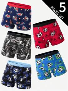 5pcs/Pack Teenage Boys' Minimalist Retro Cotton Colorful Football Graphic Soft Comfortable Boxer Briefs Boys Trunk Boys Soccer Underwear,Backto SchoolFashion Fall Winter