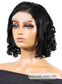Pelucas de Bob, peluca de pelo humano, pelo corto recto, Peluches Lace 4 4x4, con flequillo, Pelo transparente suizo, Cabello humano real, Lazo frontal, con cabello de bebé, Color negro natural - Natural Black - Ver 2