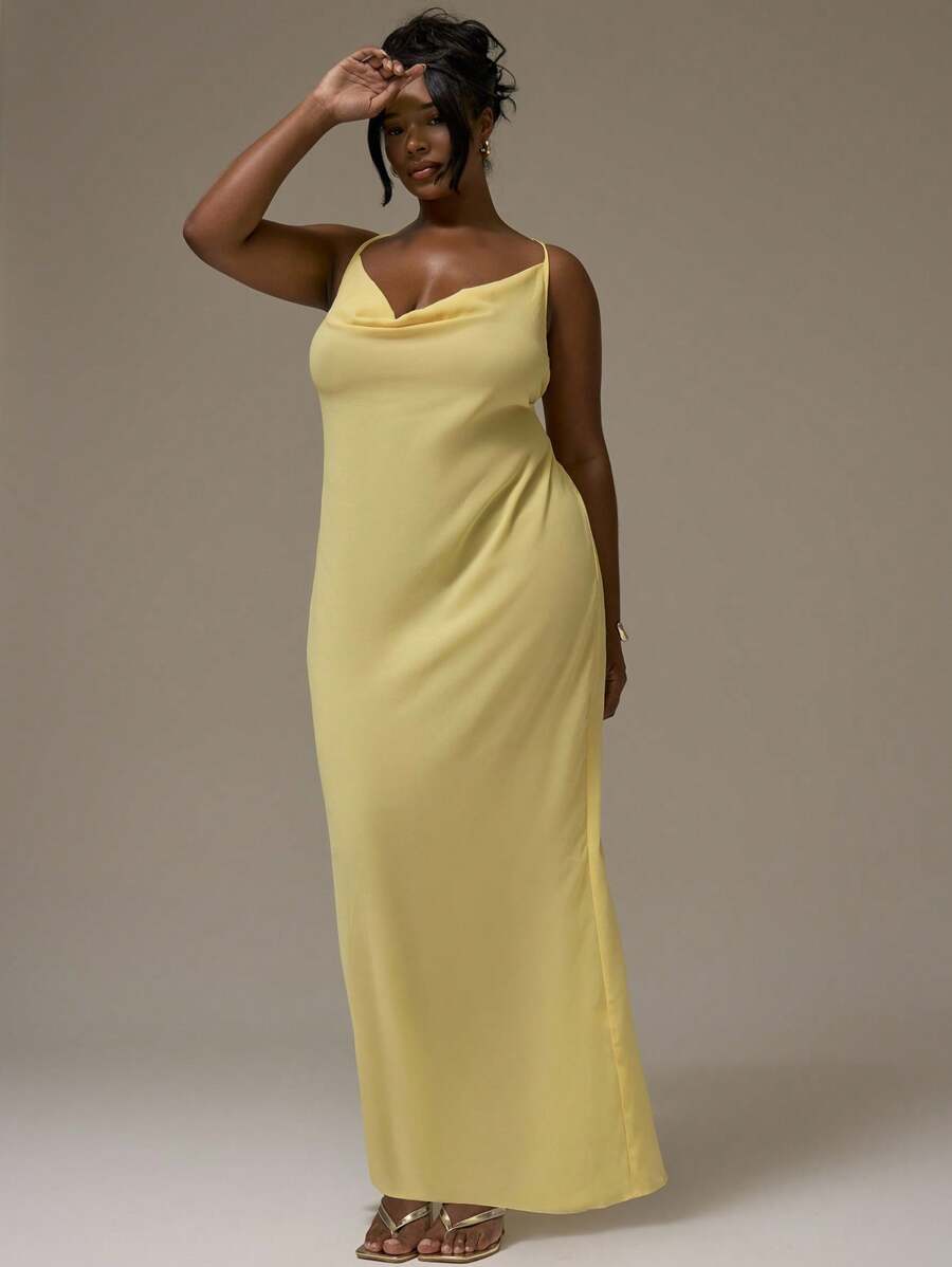 MUSERA 加大围脖细肩带纯色长裙春夏季度假毕业性感可爱优雅海滩度假返校节礼服秋季婚礼宾客 - 黃色 - 查看 1