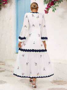 Vivid Eden 女式花卉印花V领撞色边长袖连衣裙 - 彩色 - 查看 2