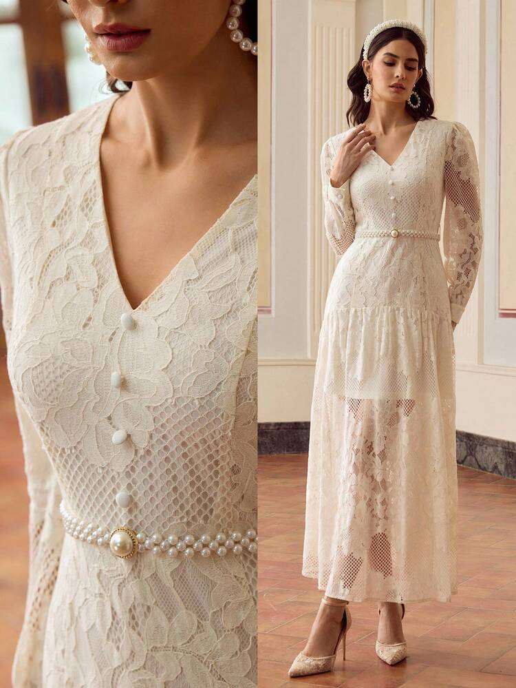 ZEYLAH Vestido largo elegante y romántico de mujer con cuello en V de encaje