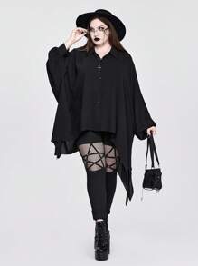 Goth 大码女式哥特式不对称下摆蝙蝠袖宽松衬衫，万圣节 - 黑色 - 查看 5