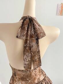 Soleia 女士蓝色花卉印花针织网眼露背连衣裙，浪漫度假风 - 彩色 - 查看 6